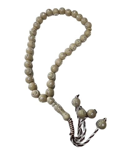 Muslim Bead Tasbih 33 Rosary AMN-277 Islam Prayer dhikr Misbaha with Moon Star Engraved on Islamic Religion Eid Ramadan Gift (Light Brown) - color: Light Brown