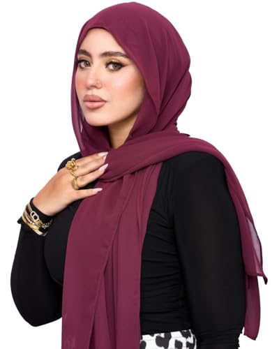 Instant Chiffon Hijab 3-in-1 with Built-in Magnets and Attached Match Undercap, Women Hijabs Set. - color: Cranburry
