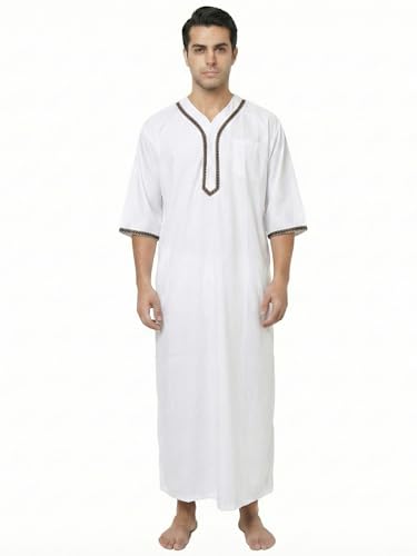 Mens Kaftan Thobe V-Neck Half Sleeve Muslim Robe Dubai Long Gown Saudi Arab Thobe Robes for Summer Beach - color: White, size: 3X-Large