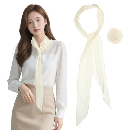 Chiffon Scarf for Women, Long Skinny Chiffon Neckerchief with Detachable Rose Flower Light Soft for Hair Ribbon - color: Beige