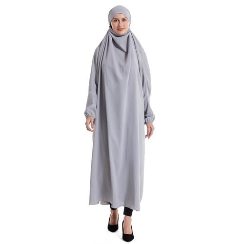Lmdudan Muslim Women Islamic Full Cover Prayer Dress Long Sleeve Loose Abaya Hijab Outfit 2026 Ramadan Modest Prayer Clothes - color: Gray, size: Medium