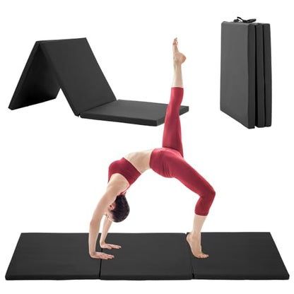 BLKMTY Gymnastics Mat, 2"x6' Folding Exercise Yoga Mat for Kids Tumbling | PU Leather Workout Mat, with Carrying Handles, For Home Gym Aerobic Fitness - color: Black