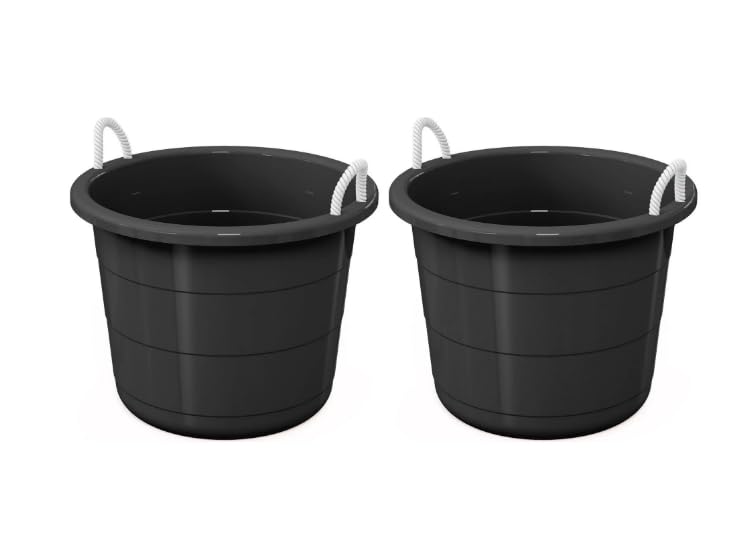 17 Gallon Heavy Duty Plastic Storage Tub with Rope Handles, Large Utility Bucket for Home Garage Garden, Leak-Resistant Stackable Container, Black (2-Pack)