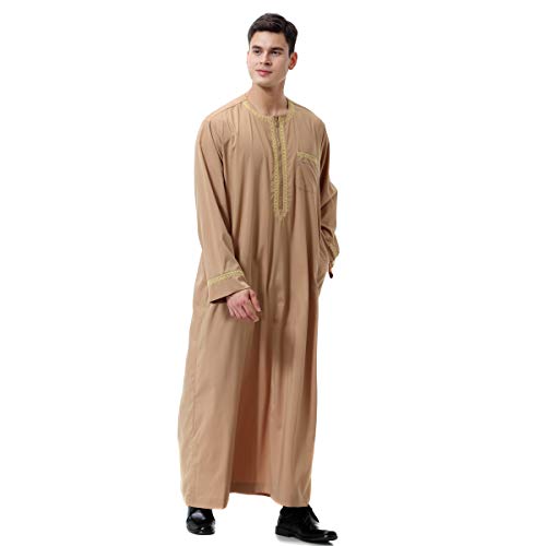 Lenmipot Men's Muslim Clothes Durable Kaftan Robe Dubai Long Gown Ethnic Clothes,1pc Soft Robe - color: A Light Tan, size: Large