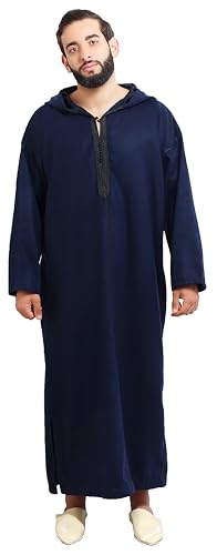 Moroccan Men Djellaba with Hood – Handmade Winter Jellaba Cotton Kaftan with Delicate Embroidery, Caftan Fits L–XL - color: Black