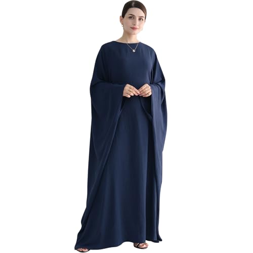 Women Muslim Abaya Dress 1Piece Bat Sleeve Islamic Maxi Robe Fashion Jilbab for Women Eid Kaftan Muslim Robe - color: Navya, size: Large