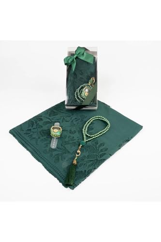 Lace Shawl and Prayer Beads Gift Set for Women - refined Muslim Accessory Set with Zikirmatik, 140 x 65 cm - Green, 55x26 inch