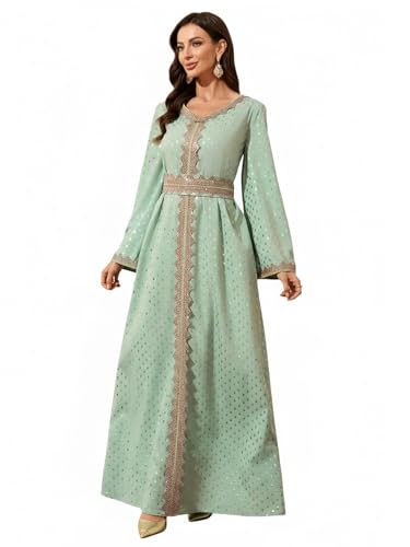 Women Muslim Abaya Kaftan Dress Lace Ethnic Moroccan Dress Eid Prayer Clothes Arabian Maxi Robe - color: Mint Green, size: X-Small
