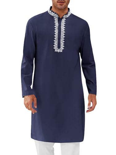 Runcati Mens Kaftan Thobe Cotton Henley Shirt Long Sleeve Embroidery Robe Casual Kurta Muslim Gown Shirt - color: Navy, size: X-Large