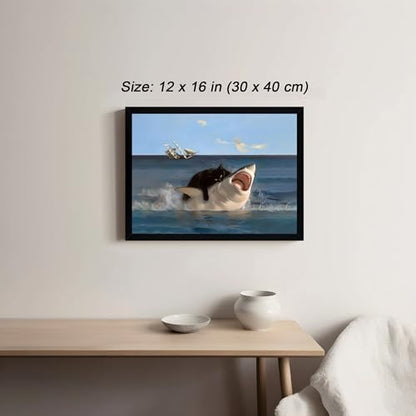 ICHZUMW Framed Funny Black Cat Biting Shark Ocean Canvas Wall Art 12x16 In - color: Black Shark Rider, size: 16"L x 12"W