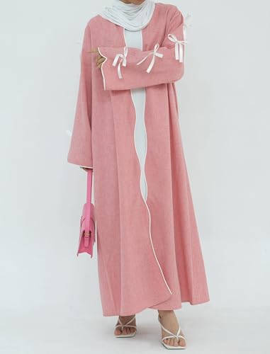 ODIZLI Women's Eid Abaya Dresses Long Sleeve Open Front Pearl Bowknot Prayer Dress Ramadan Cardigan Dubai Kaftan - color: Pink, size: X-Large