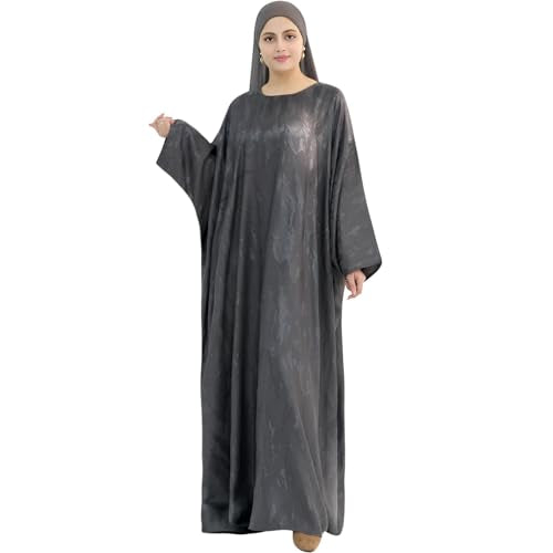 khalat Abaya Muslim Dress Women Satin Jacquard Prayer Dress Batwing Long Sleeve Islamic Dubai Robe with Chiffon Hijab - color: Grey