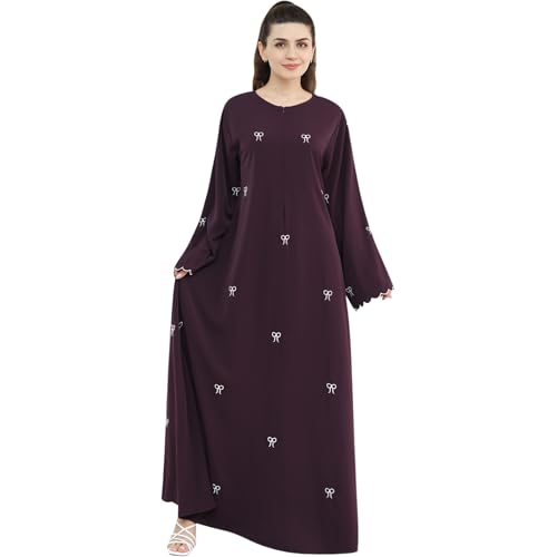 Abaya Dress for Muslim Women Bow Front Zipper Side Pockets Ramadan Eid Robe - color: Wine Red, size: X-Large
