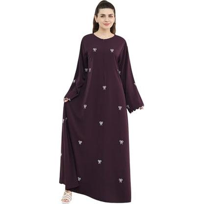 Abaya Dress for Muslim Women Bow Front Zipper Side Pockets Ramadan Eid Robe - color: Wine Red, size: X-Large