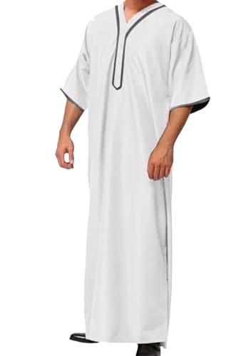 OMZIN Men's Middle East Beach Robe Summer V Neck Straight Thobe Traditional Plain Color Soft Kaftan - color: White, size: 4X-Large