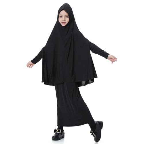 Girls Prayer Dress Muslim Abaya with Hijab 2pcs for Teen Girl Long Sleeve Islamic Maxi Set Arabic Ramadan Jilbab Eid Clothing - color: B-black, size: 9-10 Years