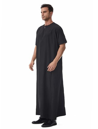 Muslim Men Abaya Short Sleeve Kaftan Islamic Arab Robe Men Dishdasha Zipper Robe Ethnic Clothes Dubai Travel Thobe - color: Black, size: Large