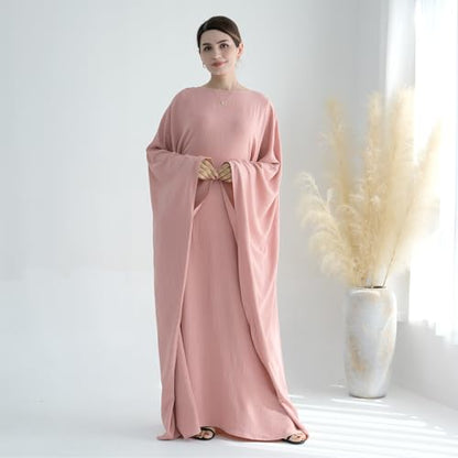 ODIZLI Abayas 여성용 무슬림 두바이 풀 커버 카프탄 셔츠 드레스 배트윙 슬리브 히잡 기도 드레스 - color: 핑크 + 히잡, size: Two