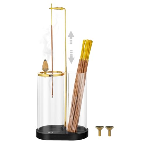 3 in 1 Incense Holder for Sticks Upside Down Anti-Ash Incense Burner with Glass Ash Catcher Backflow Cone Incense Diffuser with Adjustable Threaded Mounting for Mediation Yoga Spa Gifts Home Decor - color: Black