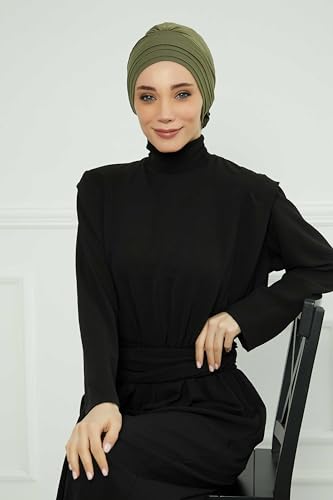 Aisha's Design Instant Turban Head Wraps for Women, Combed Cotton Scarf Lightweight Pre tied Hijab with Back Rose Detail - color: Army Green