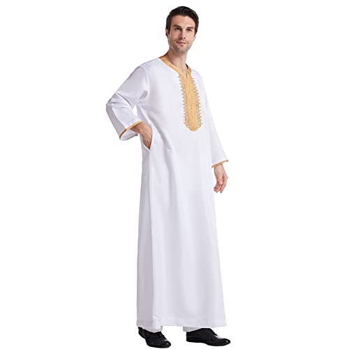 Mens Muslim Robes Long Kaftan Thobe Embroidered Henley Shirts Long Sleeve Nightgown Clergy Caftans - color: White, size: XX-Large