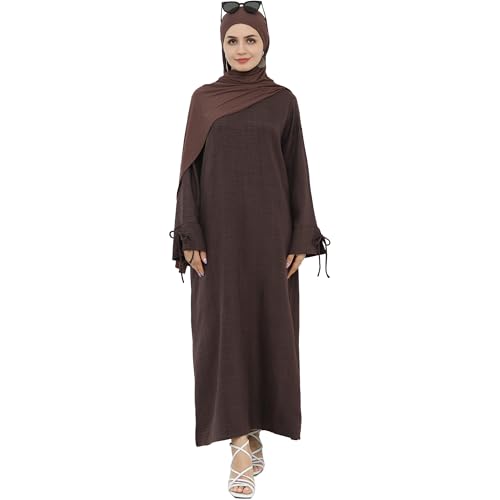 Women 1PC Abaya Dress Simple Kaftan Eid Dress for Women Muslim Casual Robe Fashion Jilbab Dubai Travel Outfits - color: Dark Brown, size: Medium