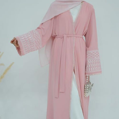 Muslim Dresses for Women Ramadan Kimono Long Sleeve Embroidered Islamic Cardigan Prayer Dress Abaya Kaftan with Belt - color: Pink, size: X-Large