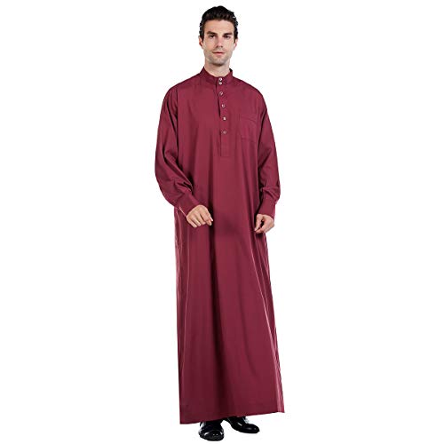Men Arabic Long Sleeve Pure Color Thobe Crew Stand Collar Kaftan Robe with Button - color: Red, size: Small