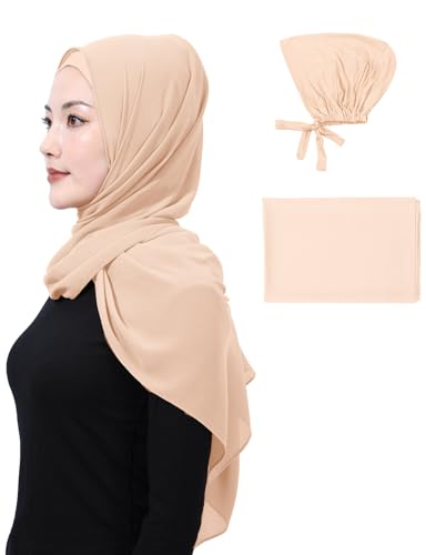 Matched Hijab and Undercap Set, Chiffon Muslim Head Scarf for Women, A Perfectly Decent Combination - color: Beige