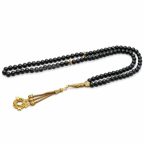 Amazing Gemstone Crystal Tasbeeh with Moon and Star Charm - Certified Crystal Muslim Prayer Beads Natural Gemstone Tasbih Gift for Ramadan Dhikr and Daily Namaz (G) - color: Black Banded Agate