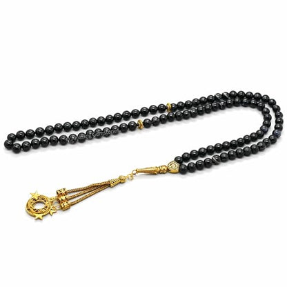 Amazing Gemstone Crystal Tasbeeh with Moon and Star Charm - Certified Crystal Muslim Prayer Beads Natural Gemstone Tasbih Gift for Ramadan Dhikr and Daily Namaz (G) - color: Black Banded Agate