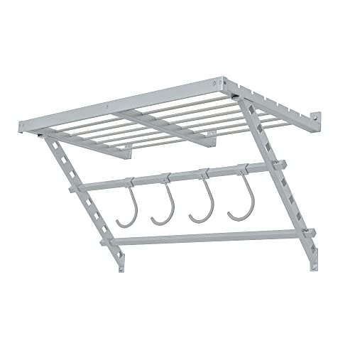 220862 32 Inch Wide Wall Mounted Utility Storage Organization Rack with 4 Bike Hooks and 20 Inch Deep Top Shelf, White