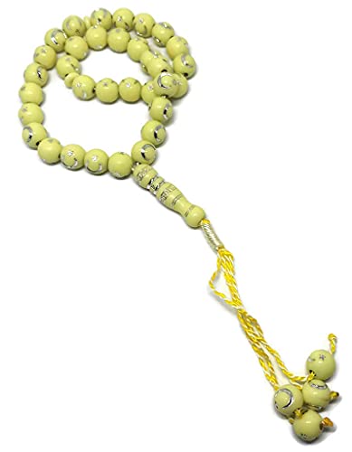 Muslim Bead Tasbih 33 Rosary AMN-277 Islam Prayer dhikr Misbaha with Moon Star Engraved on Islamic Religion Eid Ramadan Gift (Yellow) - color: Yellow