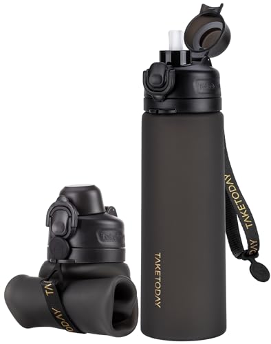 TakeToday Collapsible Water Bottles 21oz (600mL), Foldable Platinum Silicone Travel Water Bottle with Straw & Carry Strap, Leak-Resistant Screw Lid, Wide Mouth, BPA-Free for Hiking, Camping, Travel - color: Black