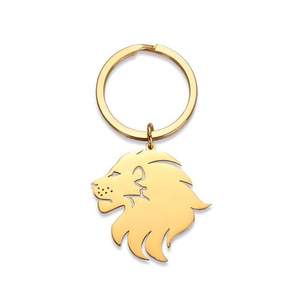 Dreamtimes Lion With King Crown Keychain for Men Stainless Steel Lion Punk Rock Keychain Bag Car Key Pendant Keychain - color: Gold-2