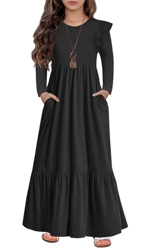 HOSIKA Girls Fall Ruffle Long Sleeve Crew Neck Loose Casual Flowy Tiered Maxi Dress with Pockets for 6-12 Y - color: Balck, size: 10 Years