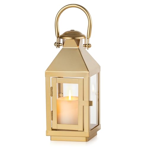 NUPTIO Gold Lanterns Decorative Indoor: 8.6 Inch Tall Metal Lantern with Glass for Pillar Candle - Fireplace Decor for Christmas Home Living Room Mantle Porch Wedding - color: Gold, size: Small
