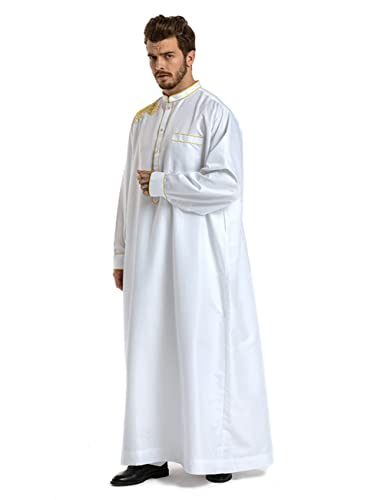 Qianliniuinc Muslim Islamic Pakistan Dubai Abaya Thobe Middle East Style Embroidered Men's Clothing S-XXXL - color: White, size: Large
