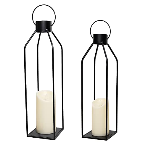 HPC Decor 55.9cm(22인치) 48.3cm(19인치) 랜턴 장식, 깜박이는 타이머 양초 포함 - 대형 톨 블랙 메탈 캔들 랜턴 2개 세트 - 실내, 실외, 탁상, 현관을 위한 현대적인 농가 장식 (유리 없음) - size: 22inch and 19inch（Black）