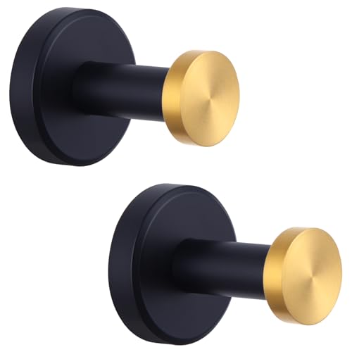 APLusee Bathroom Robe Towel Hook 2 Pack, Stainless Steel Round Clothes Holder, Toilet Bath Kitchen Door Wall Mounted Hanger, Black Gold - color: Black Gold, size: 2 Pack