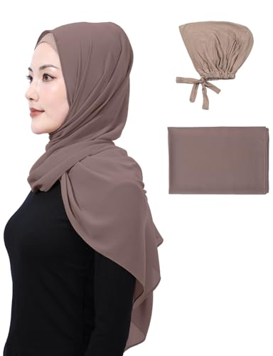Matched Hijab and Undercap Set, Chiffon Muslim Head Scarf for Women, A Perfectly Decent Combination - color: Taupe