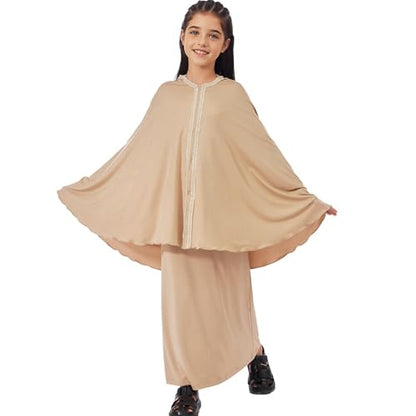 Lenmipot Kids Jilbab 2pcs Abaya Girls Muslim Prayer Dress Kids Eid Full Cover Abaya Dress Set Islamic Prayer Jilbab for Girl - color: Khakia, size: 9-10 Years