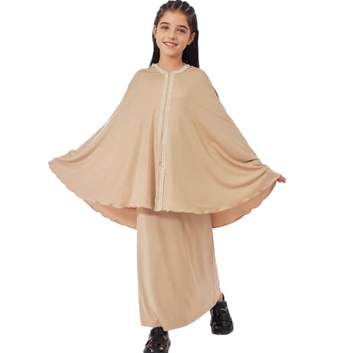 Lenmipot Kids Jilbab 2pcs Abaya Girls Muslim Prayer Dress Kids Eid Full Cover Abaya Dress Set Islamic Prayer Jilbab for Girl - color: Khakia, size: 7-8 Years