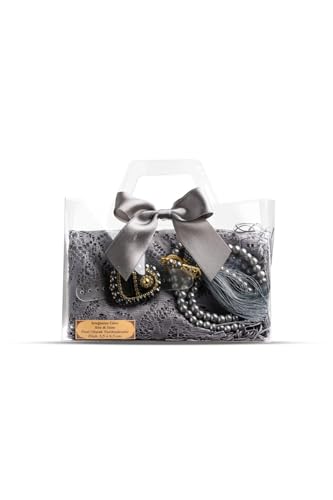 Gift Set: Gray Lace Shawl, Perfume, Beaded Prayer Beads & Zikirmatik in refined Box - Chic Islamic Accessory for Women - Gray, 55x26 inch