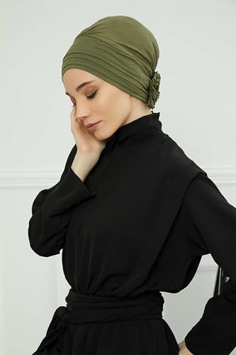 Aisha's Design Instant Turban Head Wraps for Women, Combed Cotton Scarf Lightweight Pre tied Hijab with Back Rose Detail - color: Army Green