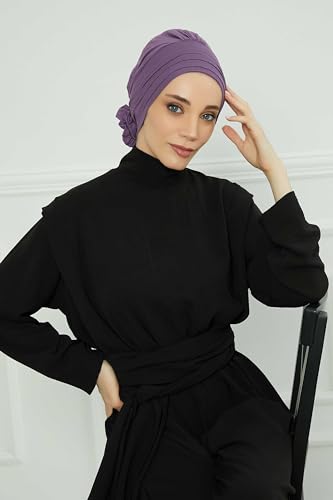 Aisha's Design Instant Turban Head Wraps for Women, Combed Cotton Scarf Lightweight Pre tied Hijab with Back Rose Detail - color: Purple
