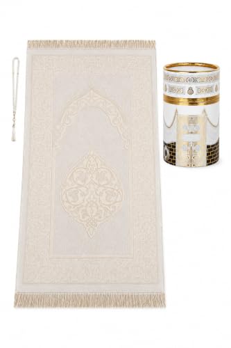 ihvan online Muslim Prayer Rug and Prayer Beads with Elegant Design Cylinder Gift Box, Janamaz, Soft Sajadah, Islamic Gifts Set, Portable Prayers Carpet Mat, Taffeta Fabric, White / Mod2 - color: White/Mod2
