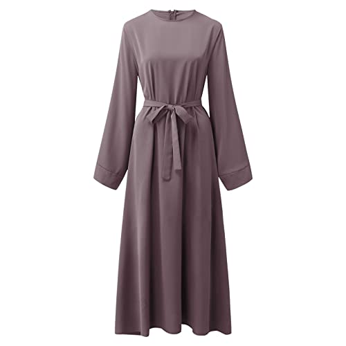 Casual Maxi Dresses for Women Long Sleeve Spring Pleated Flowy A Line Prayer Dress Muslim Dresses with Belt - color: Purple, size: Large