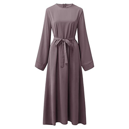 Casual Maxi Dresses for Women Long Sleeve Spring Pleated Flowy A Line Prayer Dress Muslim Dresses with Belt - color: Purple, size: Small