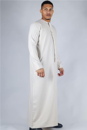 Men's Thobe Emirati Omani Jubba Islamic Clothing Muslim Kaftan Eid Robe Arab String Tassel - color: Beige Regular, size: 60